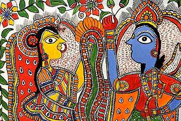 The fish-like eyes and pointed noses are characteristic of Madhubani paintings